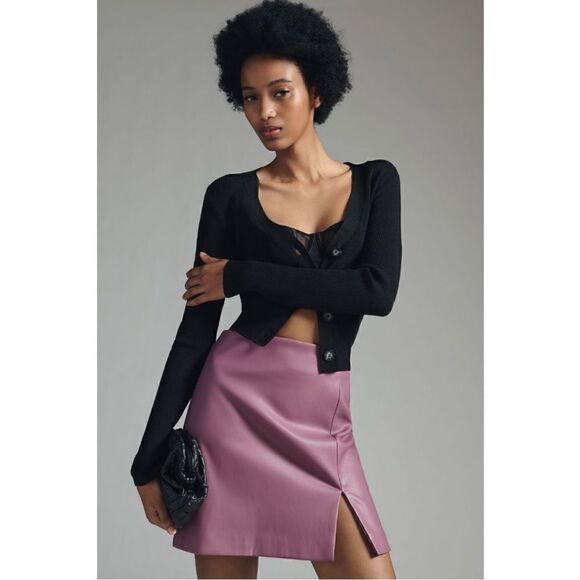 NEW By Anthropologie Micro Mini Vegan Faux Leather Side Slit Mini Skirt Size 2 - Picture 4 of 4